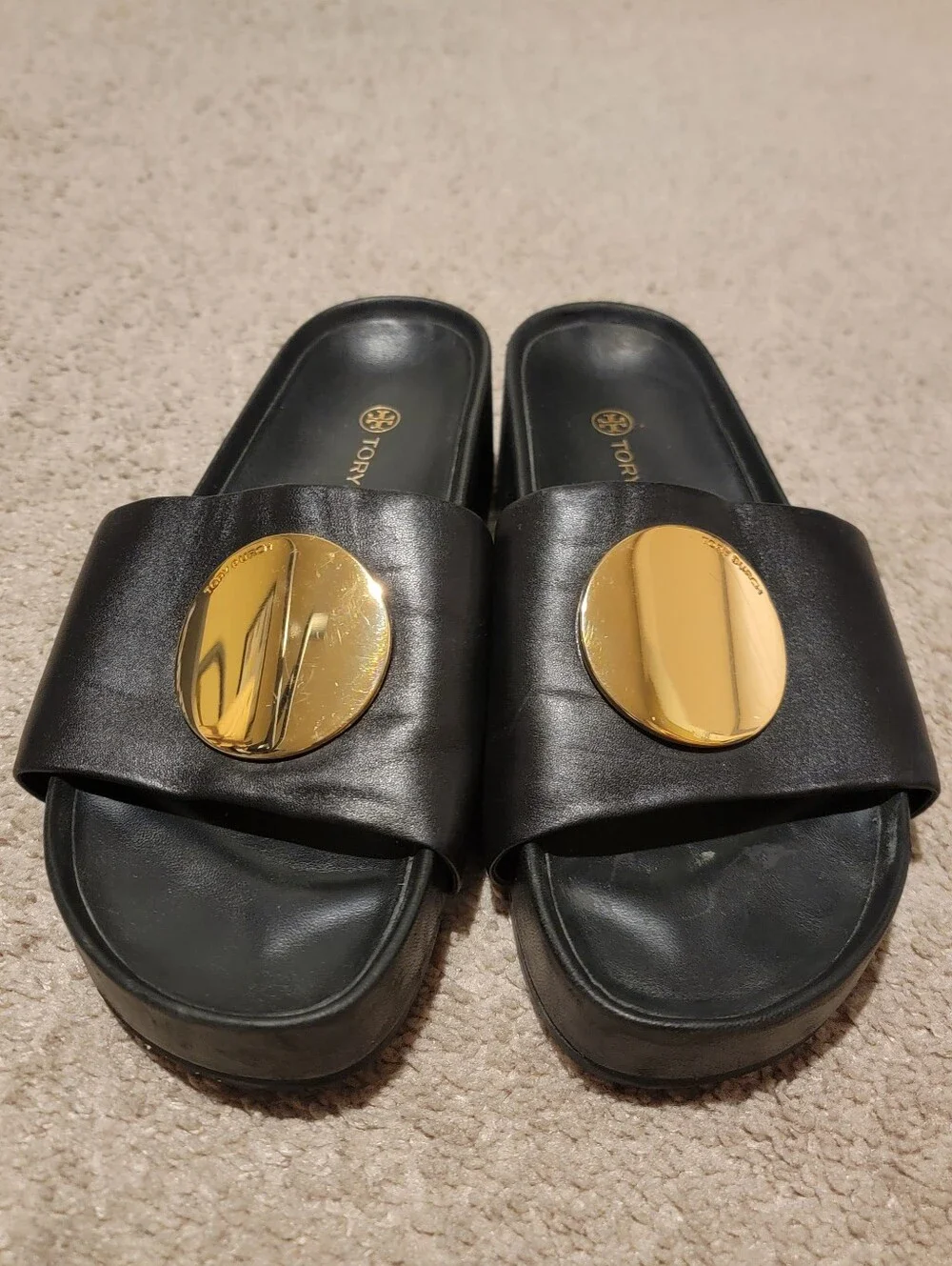Tory Burch Patos Platform Sandals Slides Black Gold Size 7.5